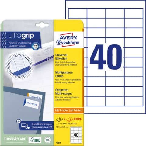 4780 Universal-Etiketten ultragrip - 48,5 x 25,4 mm, weiß, 1.200 Etiketten, permanent