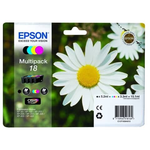 Original Epson Tintenpatrone MultiPack Bk,C,M,Y (C13T18064012,18,T1806,T18064012)