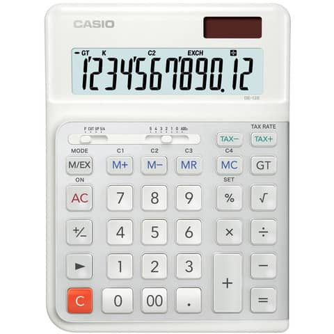 Tischrechner DE-12E-WE - Solar-/Batteriebetrieb, 12-stellig, LC-Display, weiß, ergonomisch