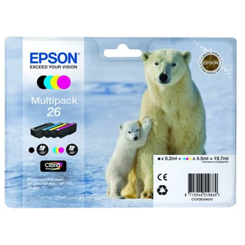 Original Epson Tintenpatrone MultiPack Bk,C,M,Y (C13T261640,C13T26164010,T261640,26,T2616,T26164010)