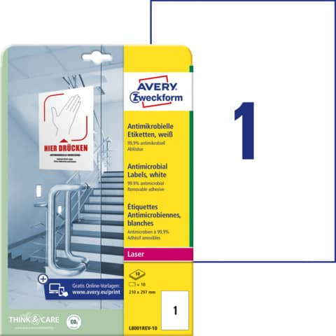 L8001REV-10 Antimikrobielle Etiketten - 210 x 297 mm, ablösbar, weiß, 20 Stück