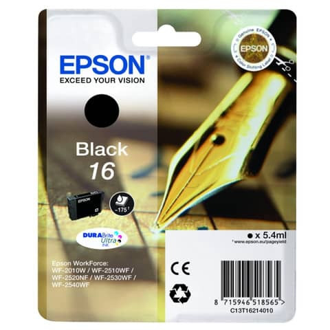 Original Epson Tintenpatrone schwarz (C13T16214012,16,T1621,T16214012)